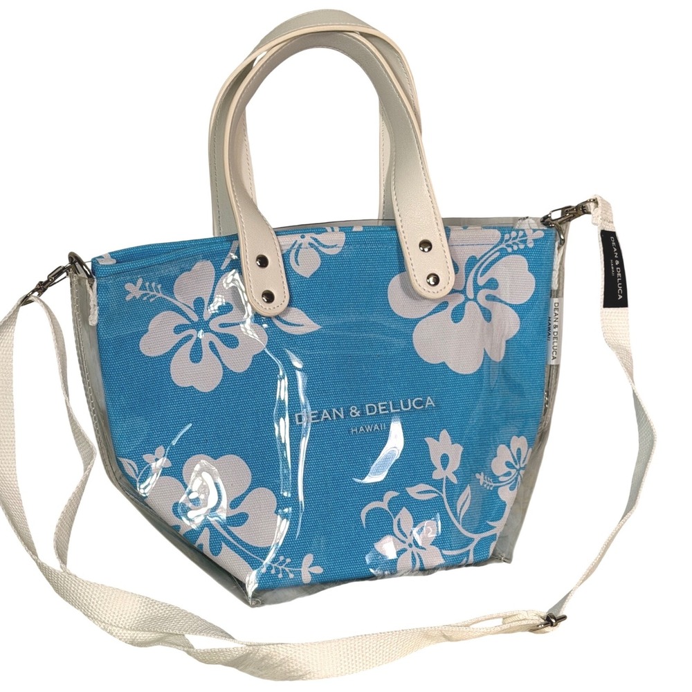 Dean & Deluca Hawaii Blue Hibiscus Clear PVC Canvas Tote Crossbody Bag